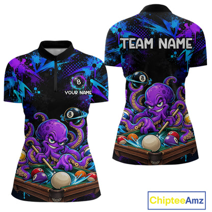Custom Funny Octopus Billiard Team Shirt for Women Teal Purple Graffiti Pool Jersey Polo & Quarter-Zip BHT159