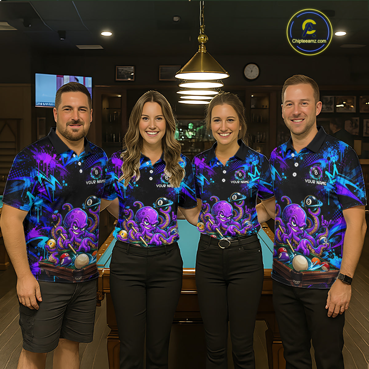 Custom Funny Octopus Billiard Team Shirt for Men Teal Purple Graffiti Pool Jersey Polo & Quarter-Zip BHT159