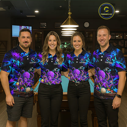 Custom Funny Octopus Billiard Team Shirt for Men Teal Purple Graffiti Pool Jersey Polo & Quarter-Zip BHT159