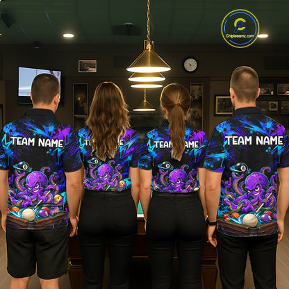 Custom Funny Octopus Billiard Team Shirt for Men Teal Purple Graffiti Pool Jersey Polo & Quarter-Zip BHT159