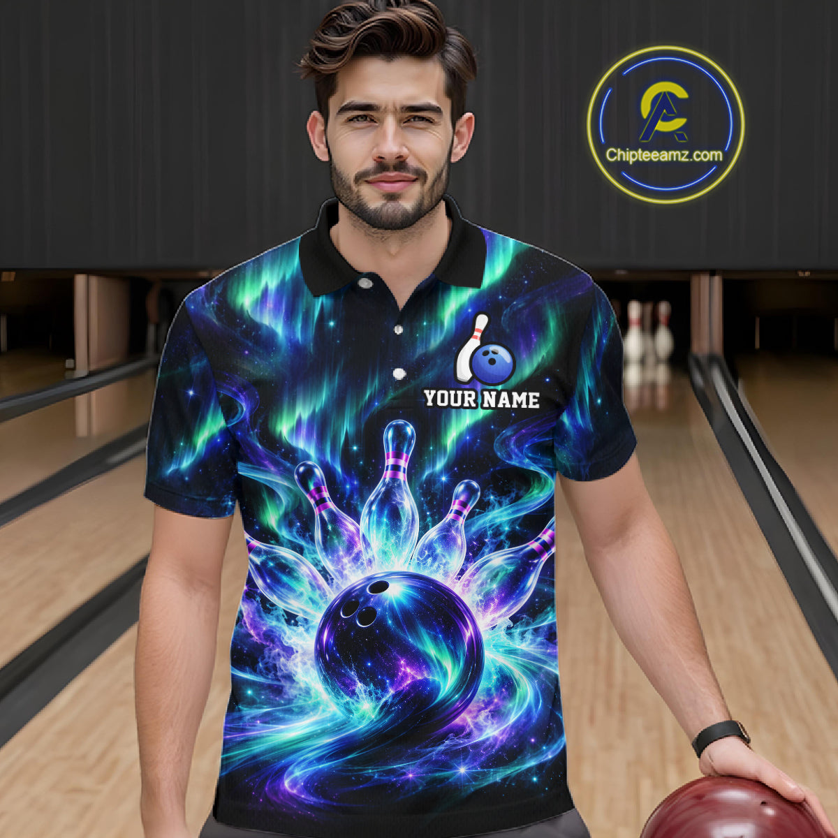 Custom Aurora Galaxy Bowling Shirt for Men Northern Lights Bowling Team Jersey Polo & Quarter-Zip QZT1367