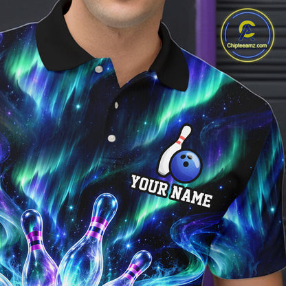 Custom Aurora Galaxy Bowling Shirt for Men Northern Lights Bowling Team Jersey Polo & Quarter-Zip QZT1367