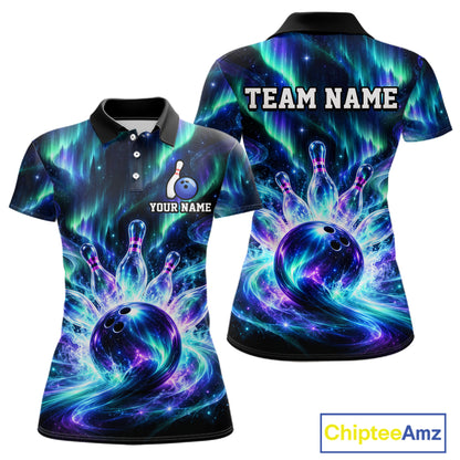 Custom Aurora Galaxy Bowling Shirt for Women Northern Lights Bowling Team Jersey Polo & Quarter-Zip QZT1367