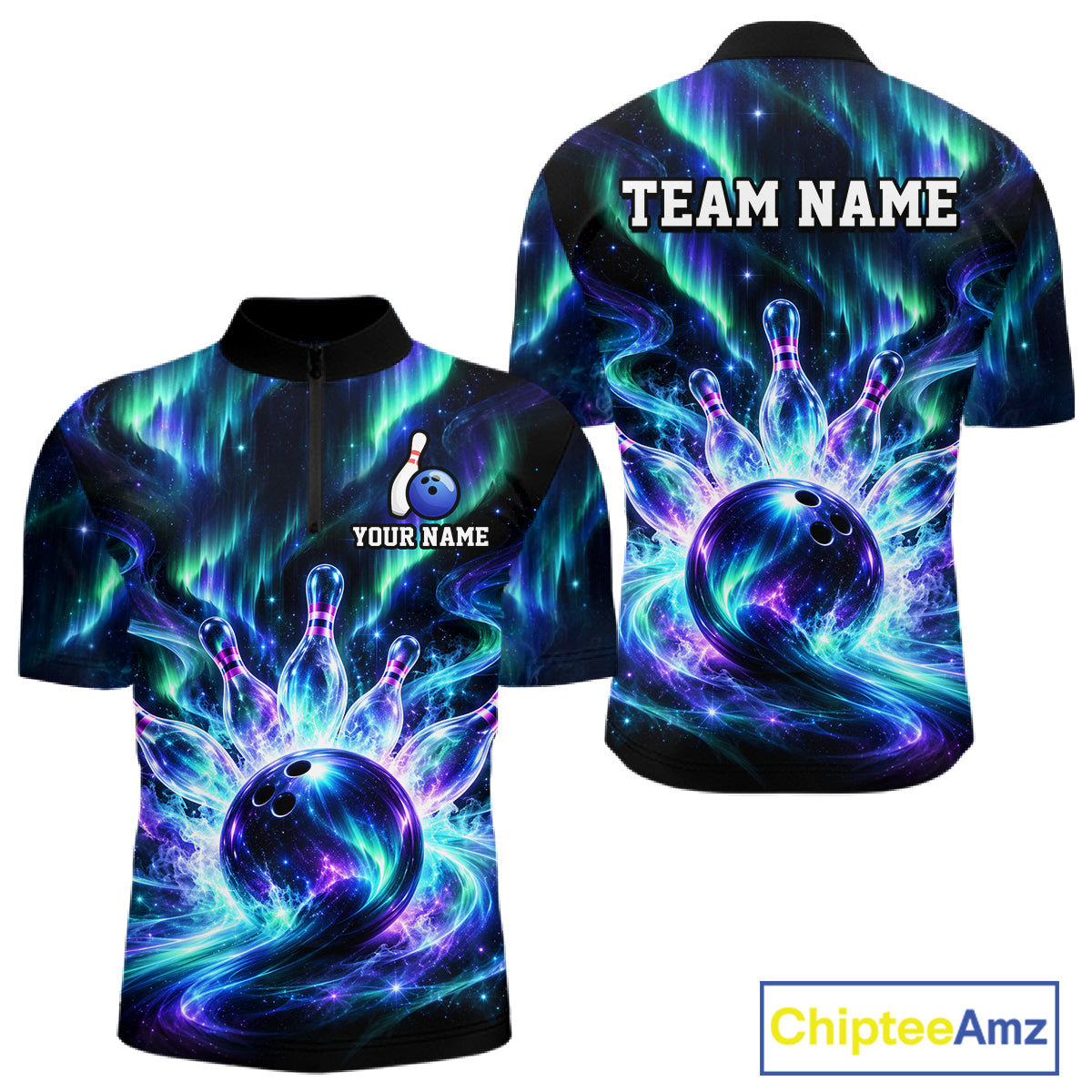 Custom Aurora Galaxy Bowling Shirt for Men Northern Lights Bowling Team Jersey Polo & Quarter-Zip QZT1367