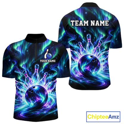 Custom Aurora Galaxy Bowling Shirt for Men Northern Lights Bowling Team Jersey Polo & Quarter-Zip QZT1367