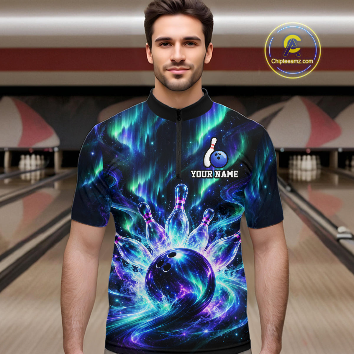 Custom Aurora Galaxy Bowling Shirt for Men Northern Lights Bowling Team Jersey Polo & Quarter-Zip QZT1367