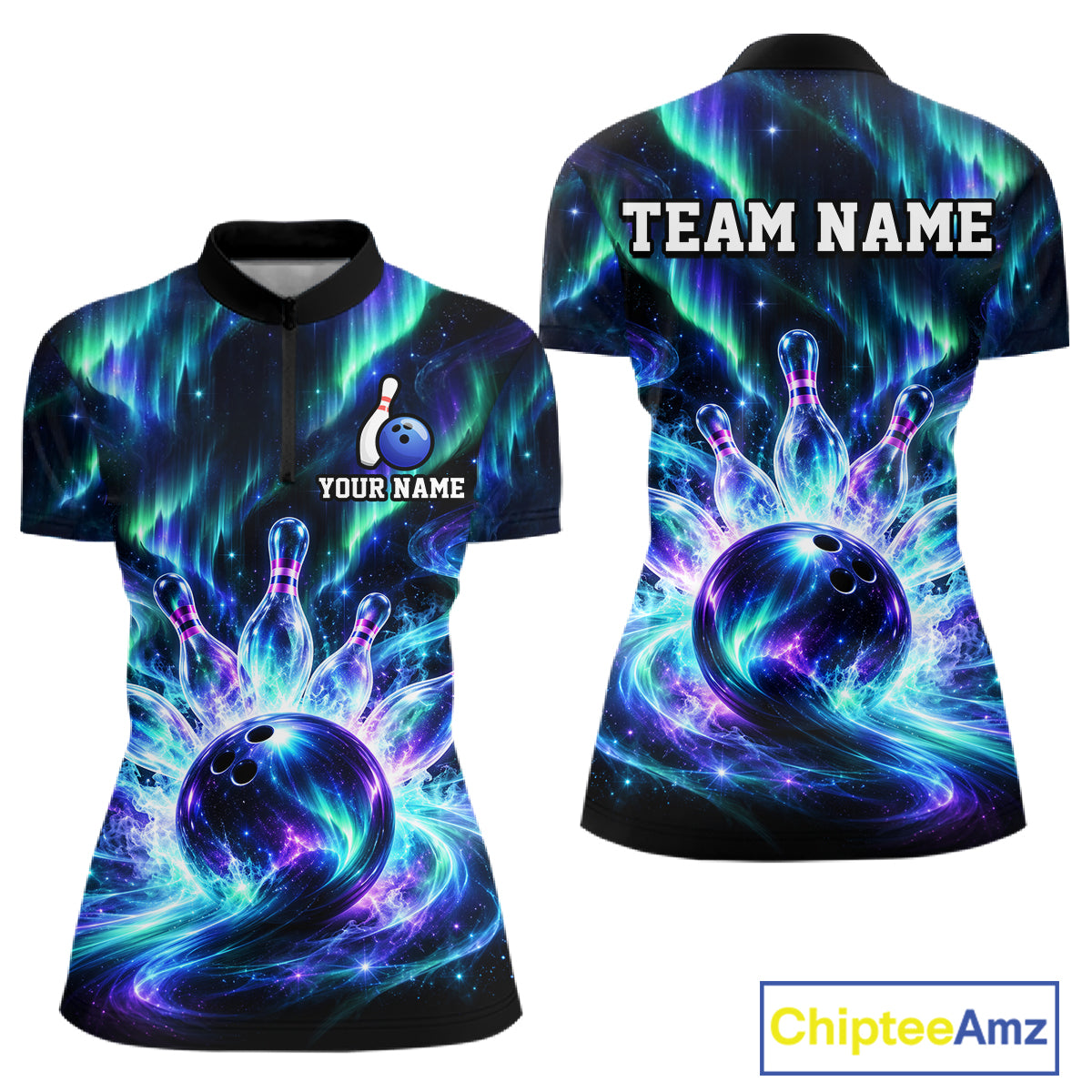Custom Aurora Galaxy Bowling Shirt for Women Northern Lights Bowling Team Jersey Polo & Quarter-Zip QZT1367