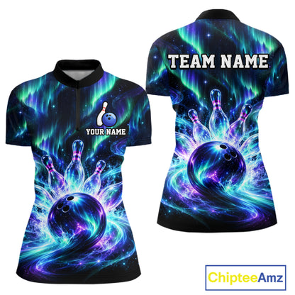 Custom Aurora Galaxy Bowling Shirt for Women Northern Lights Bowling Team Jersey Polo & Quarter-Zip QZT1367