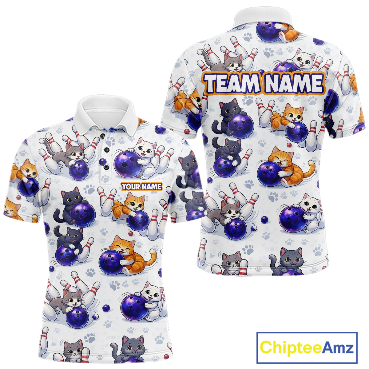 Custom Funny Cat Pattern Bowling Shirt Bowling Jersey League Polo & 1/4Zip Bowling Team for Men QZT951