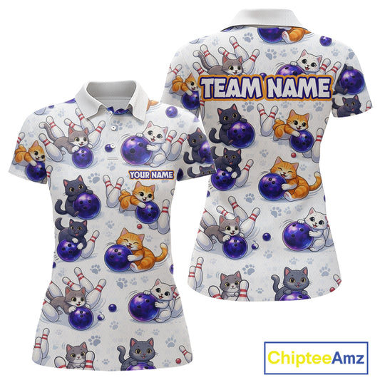 Custom Funny Cat Pattern Bowling Shirt Bowling Jersey League Polo & 1/4Zip Bowling Team for Women QZT951