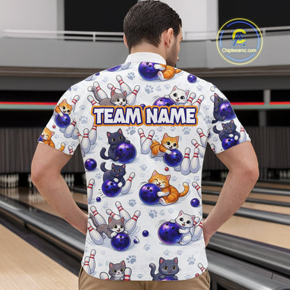 Custom Funny Cat Pattern Bowling Shirt Bowling Jersey League Polo & 1/4Zip Bowling Team for Men QZT951