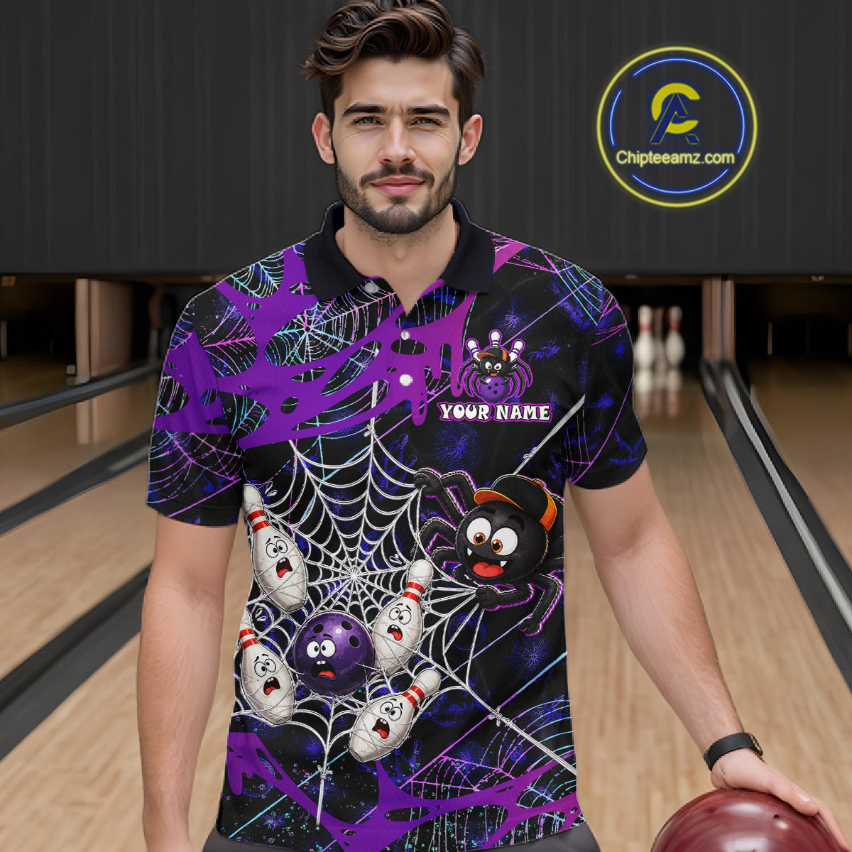 Man wearing custom purple funny spider bowling polo shirt, front view mockup, personalized bowling league jersey.