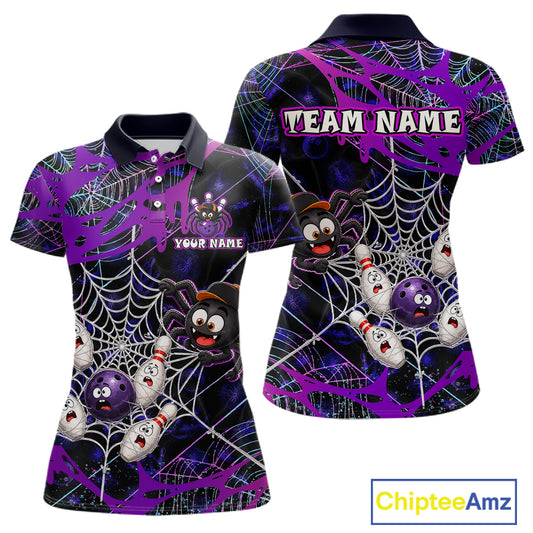 Custom purple funny spider bowling polo shirt, front and back views, bowling league jersey for women