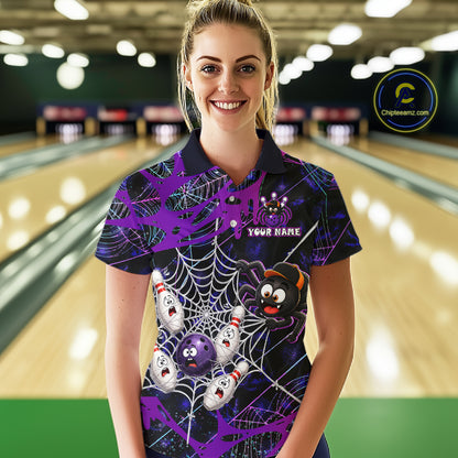 Woman wearing custom purple funny spider bowling polo shirt, front view mockup, personalized bowling league jersey.