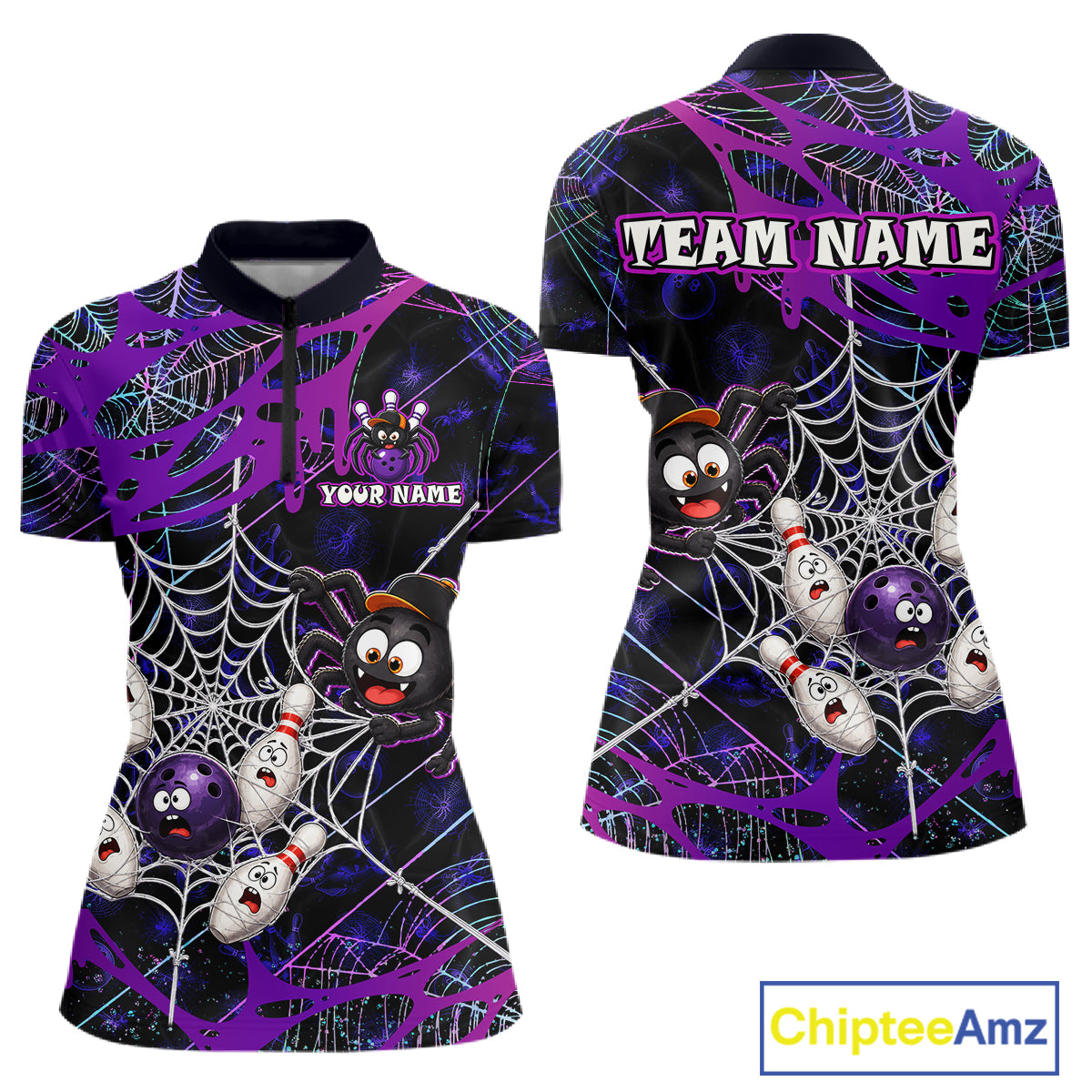  Custom purple funny spider bowling quarter-zip shirt, front and back views, bowling league jersey for women