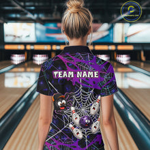 Load image into Gallery viewer, Woman wearing custom purple funny spider bowling polo shirt, back view mockup with team name design.