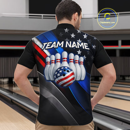 Man wearing custom American Flag bowling 1/4 zip shirt, back view mockup, personalized bowling league jersey.