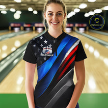 Load image into Gallery viewer, Woman wearing custom American Flag bowling 1/4 zip shirt, front view mockup, personalized bowling league jersey.