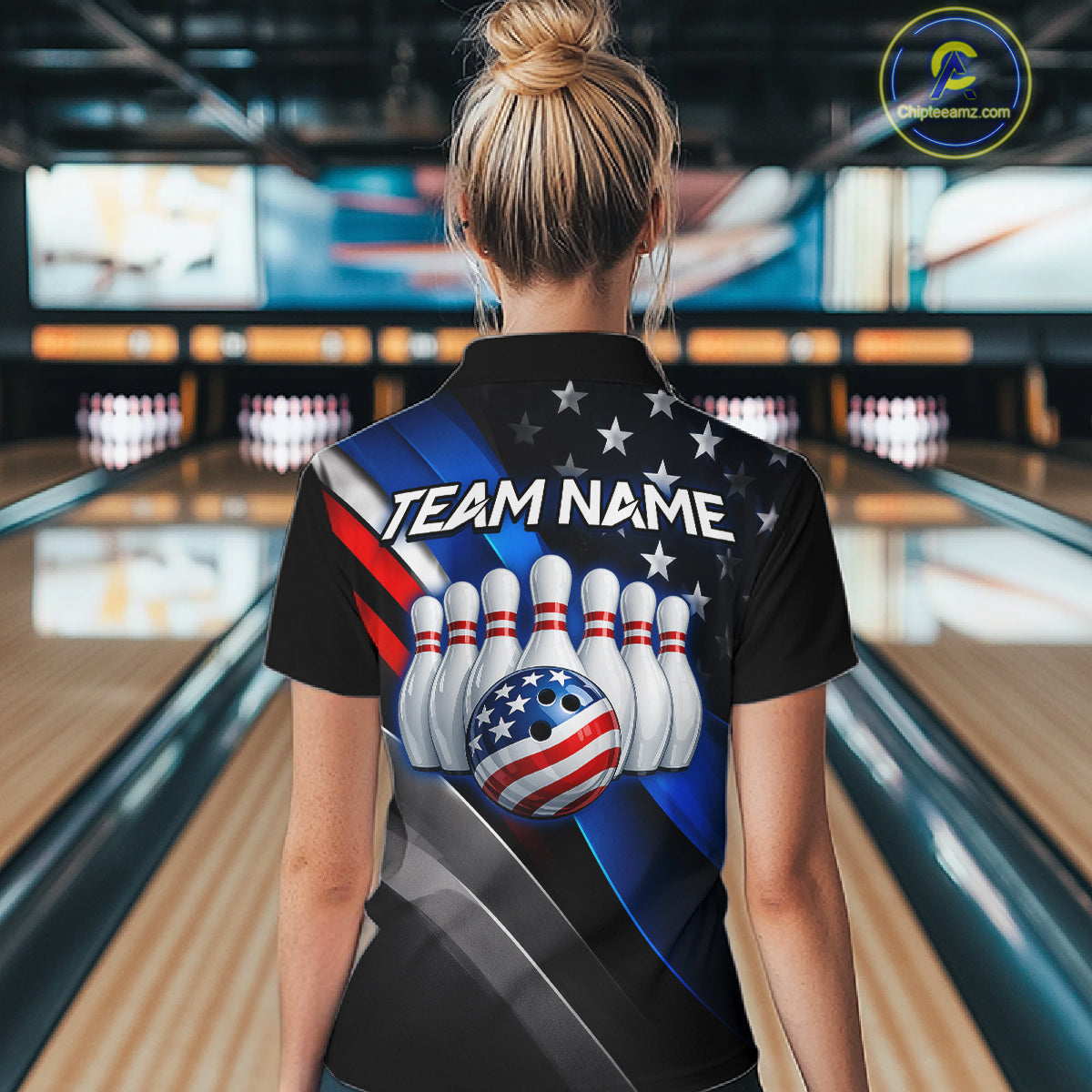 Woman wearing custom American Flag  bowling polo shirt, back view mockup with team name design.