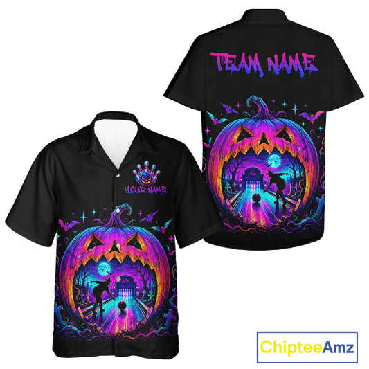 Custom Halloween Pumpkin Bowling Hawaiian Shirt Neon Glow Bowling Team Jersey for Men Women QZT1227