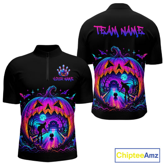 Custom Halloween Pumpkin Bowling Shirt Neon Glow Bowling Team Jersey for Men Polo & Quarter-Zip QZT1227