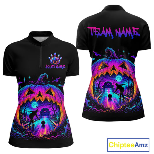 Custom Halloween Pumpkin Bowling Shirt Neon Glow Bowling Team Jersey for Women Polo & Quarter-Zip QZT1227