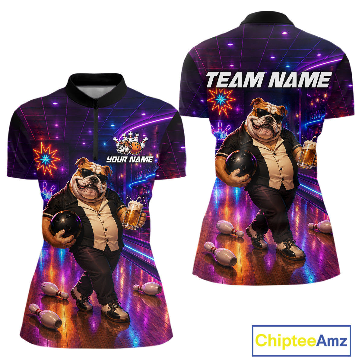 Custom Neon Funny Bulldog Bowling Shirt Bowling Team Jersey for Women Polo & Quarter-Zip QZT1228