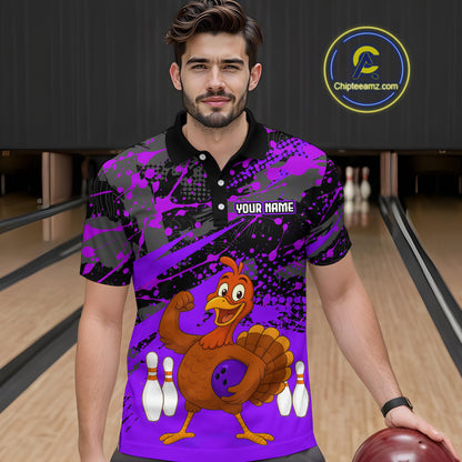 Purple Funny Turkey Bowling Team Shirt for Men Bowling Jersey Thanksgiving Bowling Outfit QZT776