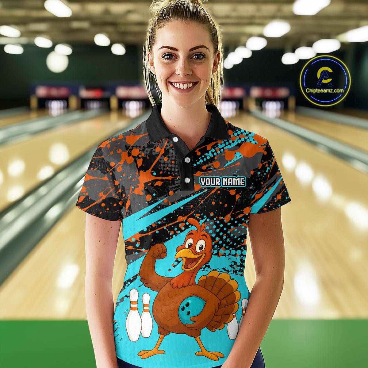 Turquoise Funny Turkey Bowling Team Shirt for Women Bowling Jersey Thanksgiving Bowling Outfit QZT776