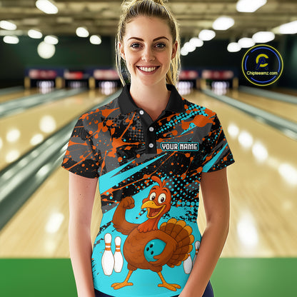 Turquoise Funny Turkey Bowling Team Shirt for Women Bowling Jersey Thanksgiving Bowling Outfit QZT776