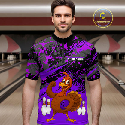 Purple Funny Turkey Bowling Team Shirt for Men Bowling Jersey Thanksgiving Bowling Outfit QZT776