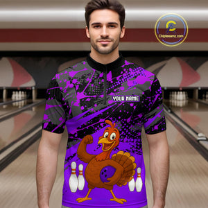 Purple Funny Turkey Bowling Team Shirt for Men Bowling Jersey Thanksgiving Bowling Outfit QZT776