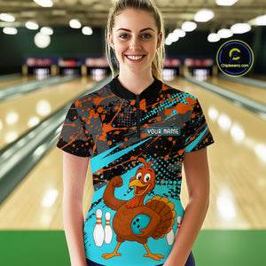 Turquoise Funny Turkey Bowling Team Shirt for Women Bowling Jersey Thanksgiving Bowling Outfit QZT776