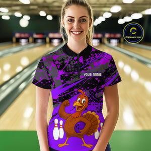 Purple Funny Turkey Bowling Team Shirt for Women Bowling Jersey Thanksgiving Bowling Outfit QZT776
