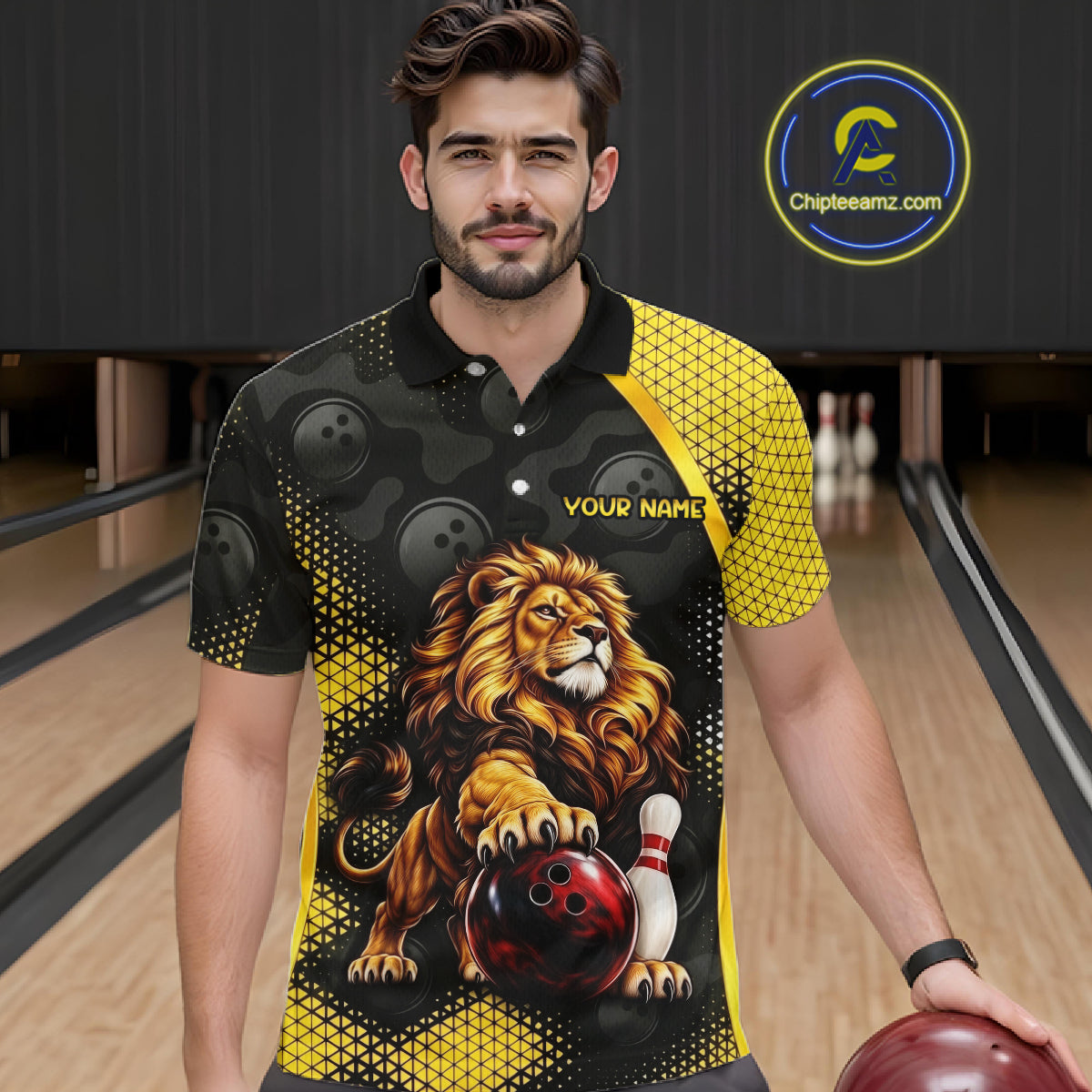 Custom Black & Yellow Lion Bowling Shirt for Men Bowling Team Jersey Polo & 1/4-Zip QZT1368