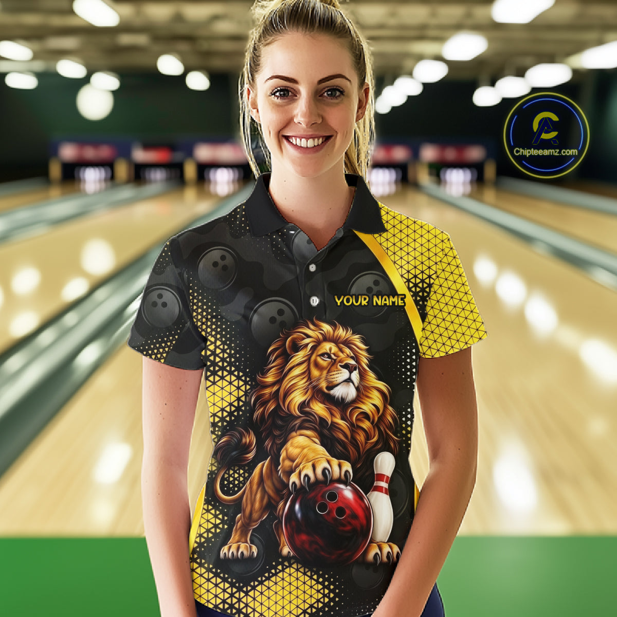Custom Black & Yellow Lion Bowling Shirt for Women Bowling Team Jersey Polo & 1/4-Zip QZT1368