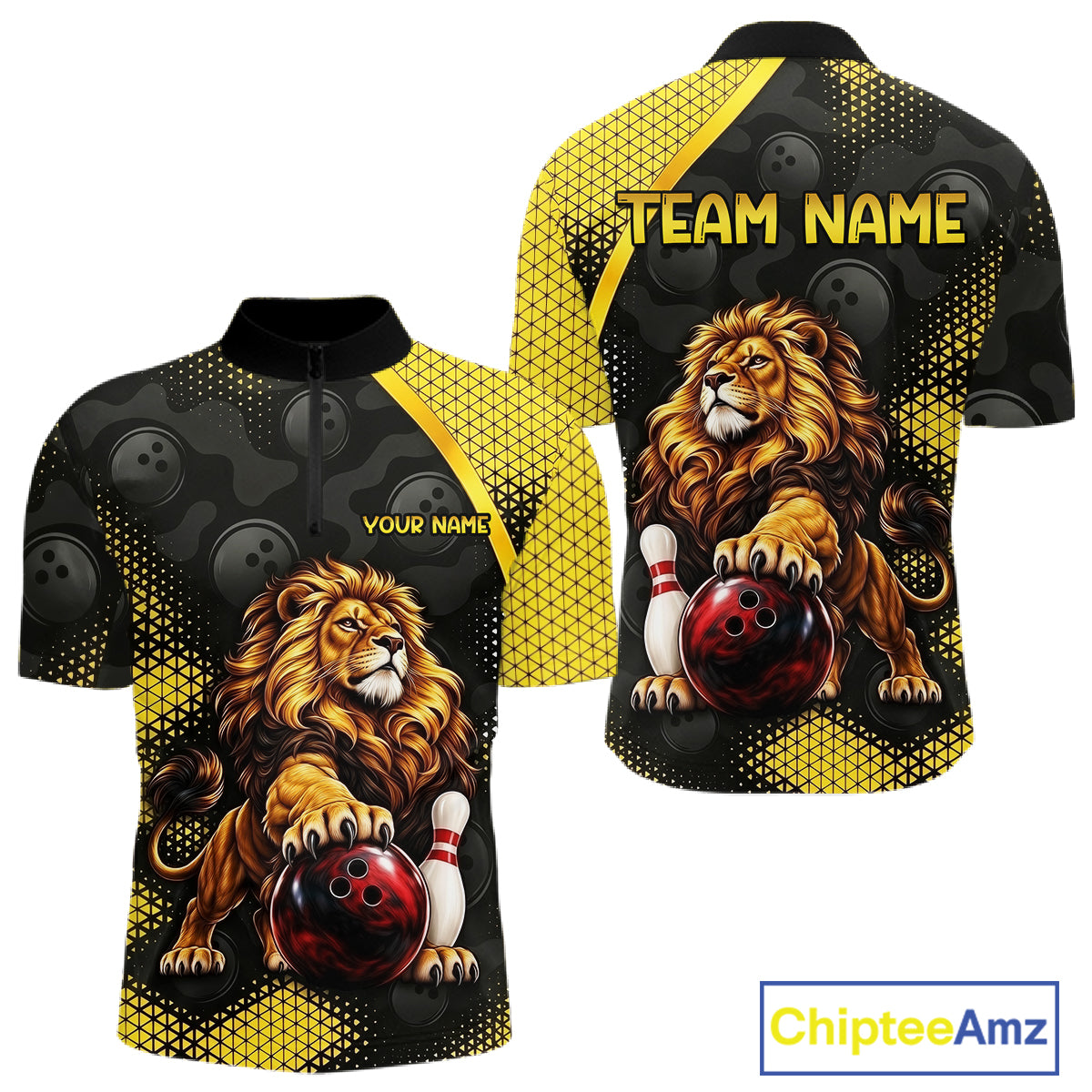 Custom Black & Yellow Lion Bowling Shirt for Men Bowling Team Jersey Polo & 1/4-Zip QZT1368