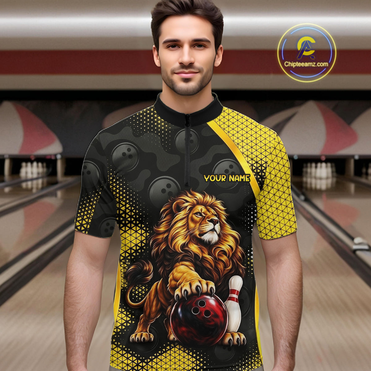 Custom Black & Yellow Lion Bowling Shirt for Men Bowling Team Jersey Polo & 1/4-Zip QZT1368