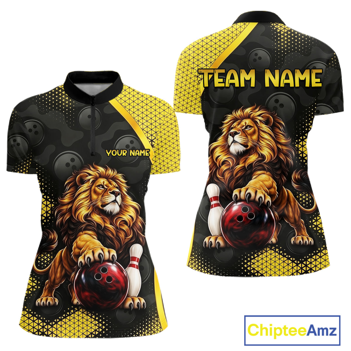 Custom Black & Yellow Lion Bowling Shirt for Women Bowling Team Jersey Polo & 1/4-Zip QZT1368