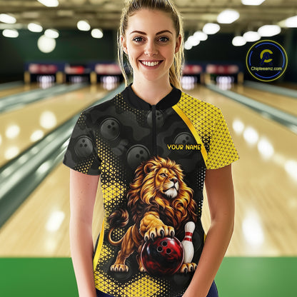 Custom Black & Yellow Lion Bowling Shirt for Women Bowling Team Jersey Polo & 1/4-Zip QZT1368