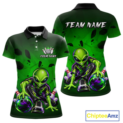 Custom Green Alien Bowling Shirt for Women Funny Bowling Team Jersey Polo & 1/4-Zip QZT1371