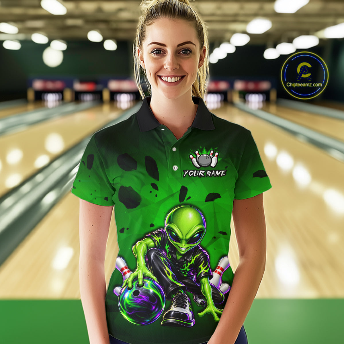 Custom Green Alien Bowling Shirt for Women Funny Bowling Team Jersey Polo & 1/4-Zip QZT1371
