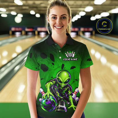 Custom Green Alien Bowling Shirt for Women Funny Bowling Team Jersey Polo & 1/4-Zip QZT1371