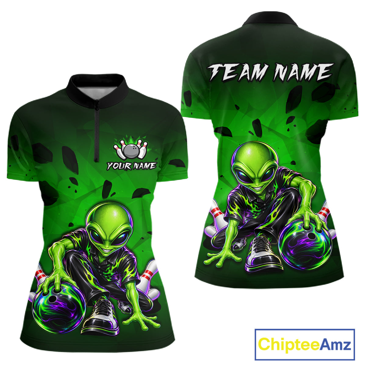 Custom Green Alien Bowling Shirt for Women Funny Bowling Team Jersey Polo & 1/4-Zip QZT1371