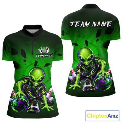 Custom Green Alien Bowling Shirt for Women Funny Bowling Team Jersey Polo & 1/4-Zip QZT1371