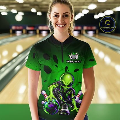 Custom Green Alien Bowling Shirt for Women Funny Bowling Team Jersey Polo & 1/4-Zip QZT1371