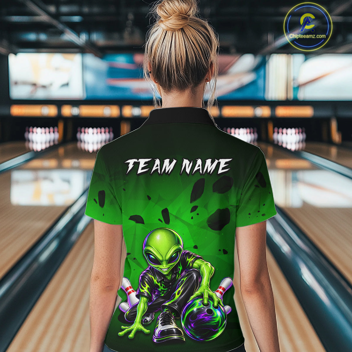 Custom Green Alien Bowling Shirt for Women Funny Bowling Team Jersey Polo & 1/4-Zip QZT1371