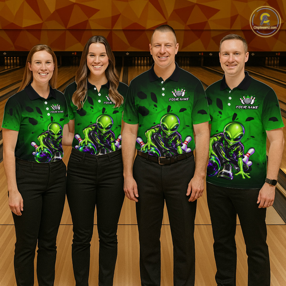 Custom Green Alien Bowling Shirt for Women Funny Bowling Team Jersey Polo & 1/4-Zip QZT1371