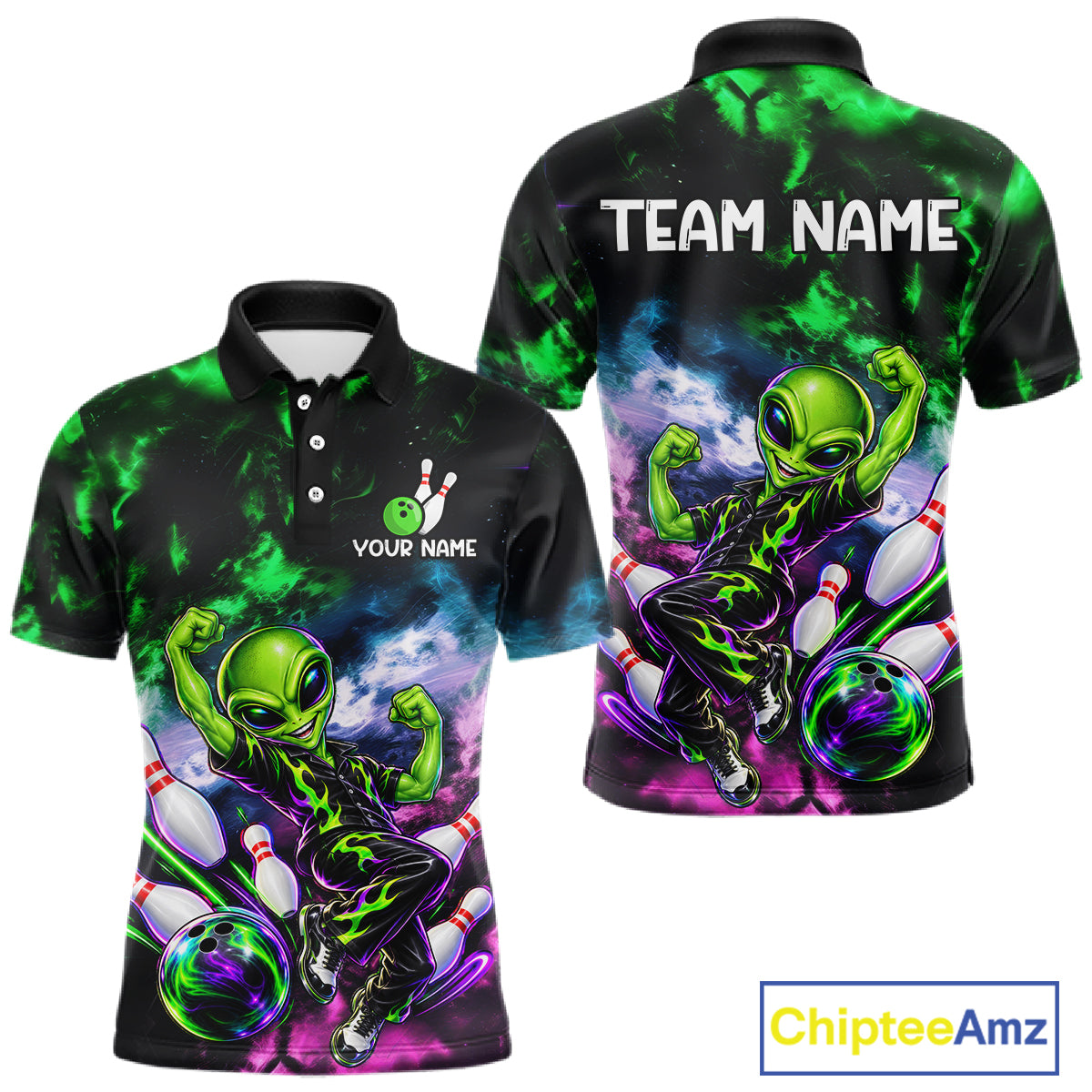 Custom Green & Pink Alien Bowling Shirt for Men Smoke Funny Bowling Team Jersey QZT1372