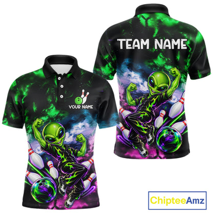Custom Green & Pink Alien Bowling Shirt for Men Smoke Funny Bowling Team Jersey QZT1372